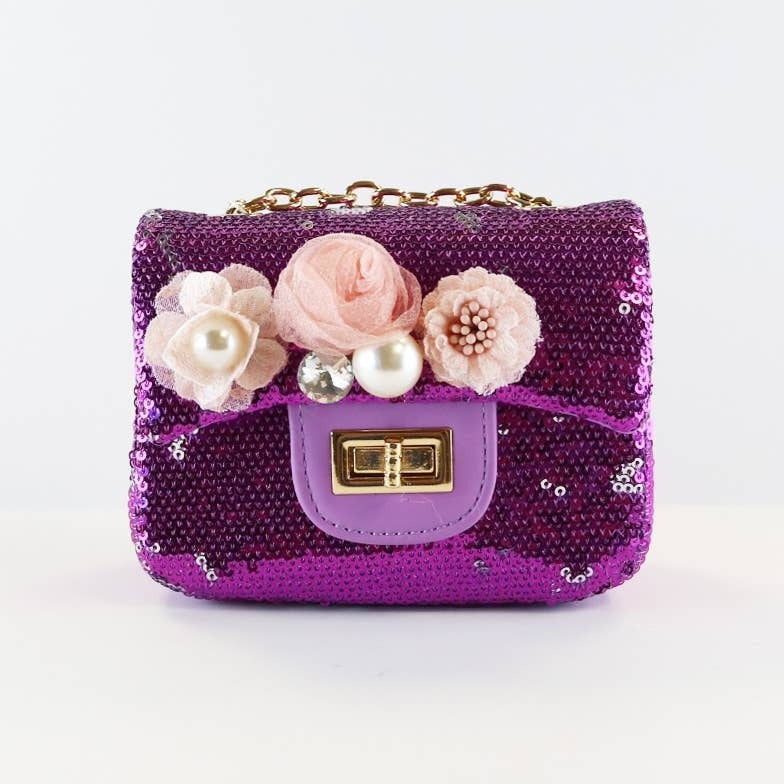 Sequin Purse with a Large Bow and Flower with Chains and Pearl Handle –  shopdearellie